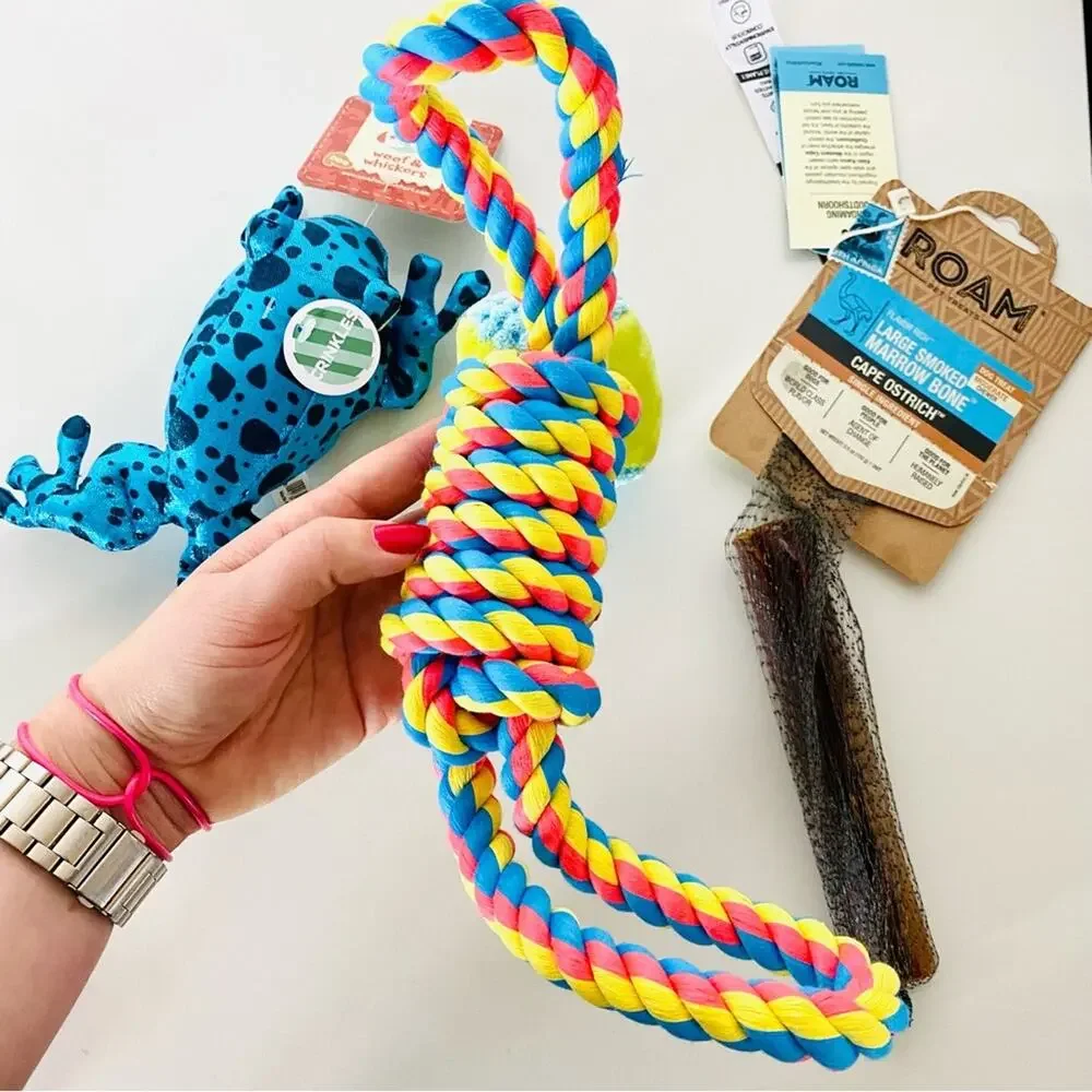 NEW Dog Puppy Toy Treat Roam Bone Chew Rope Frog Ball Bundle Gift Set Accessory